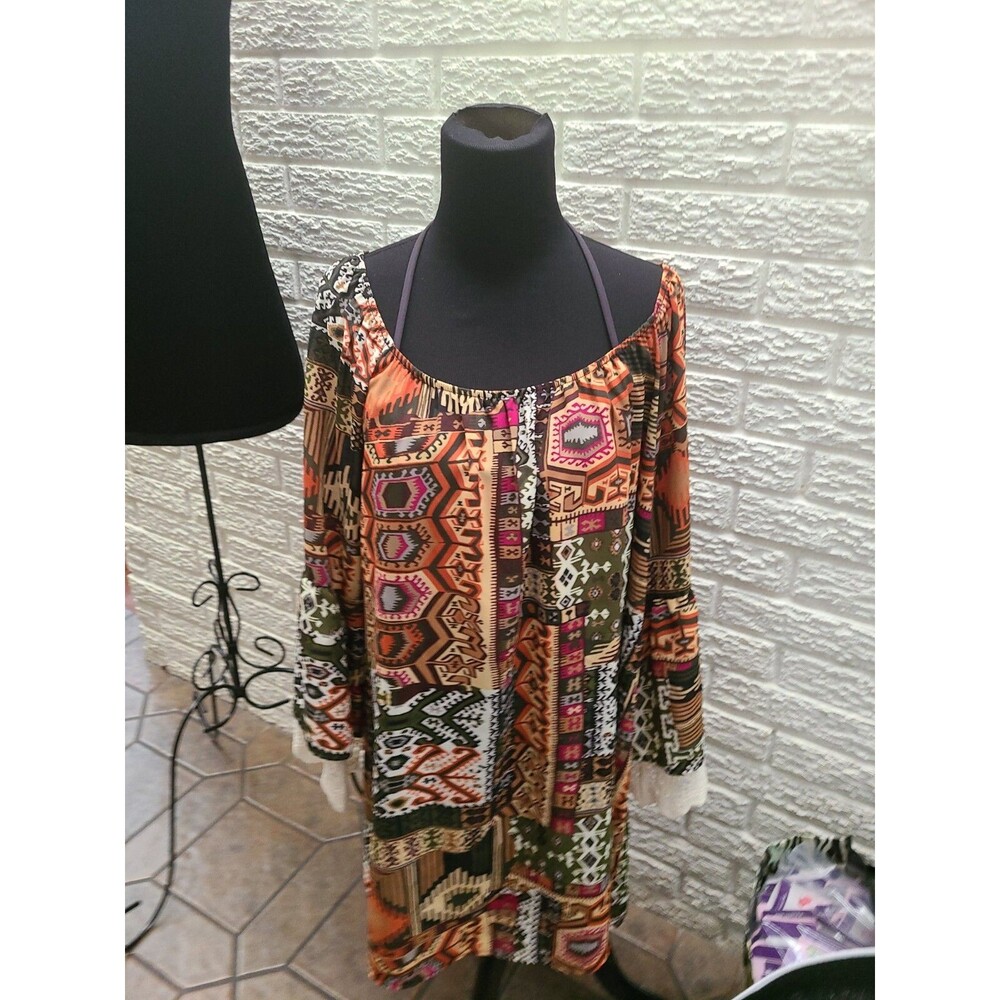 Cezanne Scoop Neck Blouse/ Tunic Bell Sleeves W/ cream Lace  XL euc